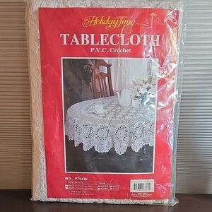 Christmas 'Holiday Time' PVC Crochet Oval Tablecloth New Old Stock